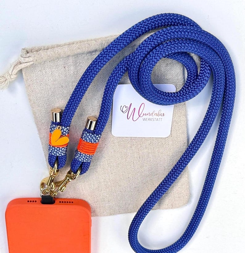Blue phone chain. Orange. Heart pendant. Crossbody smartphone chain. Phone strap. Universal phone band. Gift idea. Gift for her. image 9