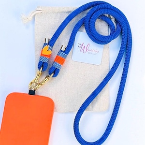 Blue phone chain. Orange. Heart pendant. Crossbody smartphone chain. Phone strap. Universal phone band. Gift idea. Gift for her. image 1