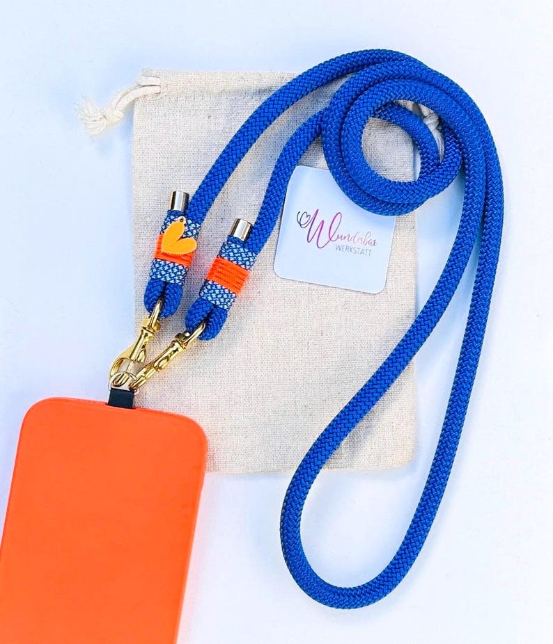 Blue phone chain. Orange. Heart pendant. Crossbody smartphone chain. Phone strap. Universal phone band. Gift idea. Gift for her. image 1