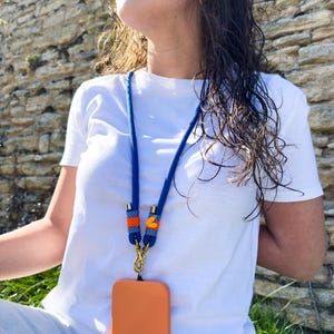 Blue phone chain. Orange. Heart pendant. Crossbody smartphone chain. Phone strap. Universal phone band. Gift idea. Gift for her. image 4