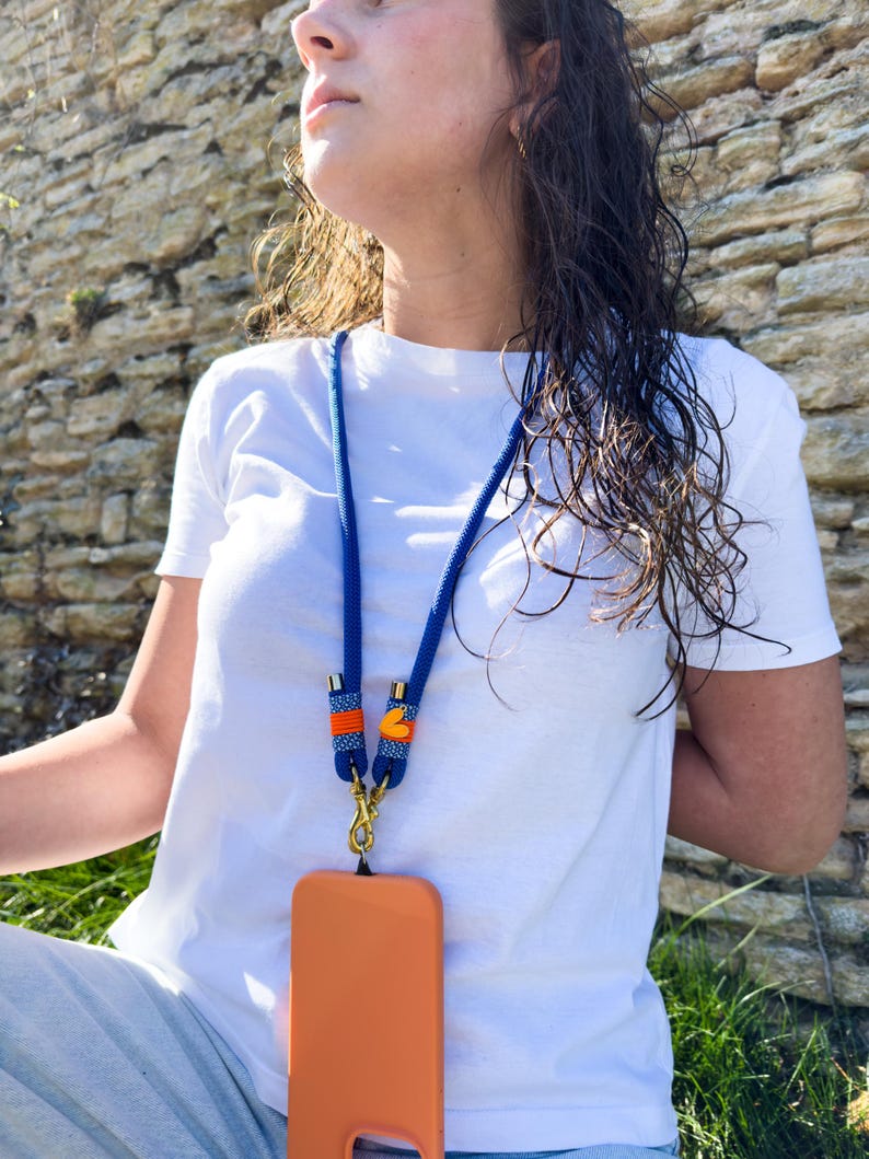 Blue phone chain. Orange. Heart pendant. Crossbody smartphone chain. Phone strap. Universal phone band. Gift idea. Gift for her. image 4