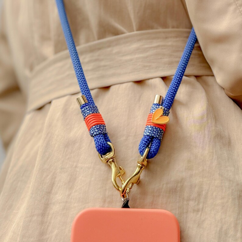 Blue phone chain. Orange. Heart pendant. Crossbody smartphone chain. Phone strap. Universal phone band. Gift idea. Gift for her. image 2