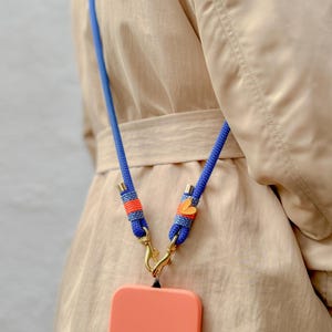 Blue phone chain. Orange. Heart pendant. Crossbody smartphone chain. Phone strap. Universal phone band. Gift idea. Gift for her. image 3