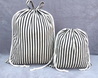 Laundry bag , black stripe ticking drawstring bag.