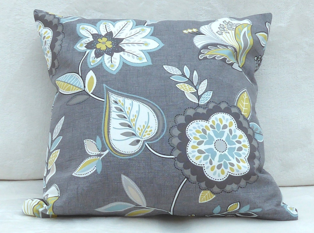 Grey Floral Cushion Cover Cotton Fabric Zip Closure. Etsy UK