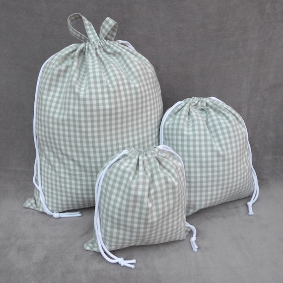 Laundry bag , sage green gingham drawstring bag.