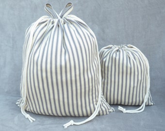 Laundry bag , grey stripe ticking drawstring bag.