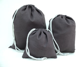Linen drawstring bags, dark grey.