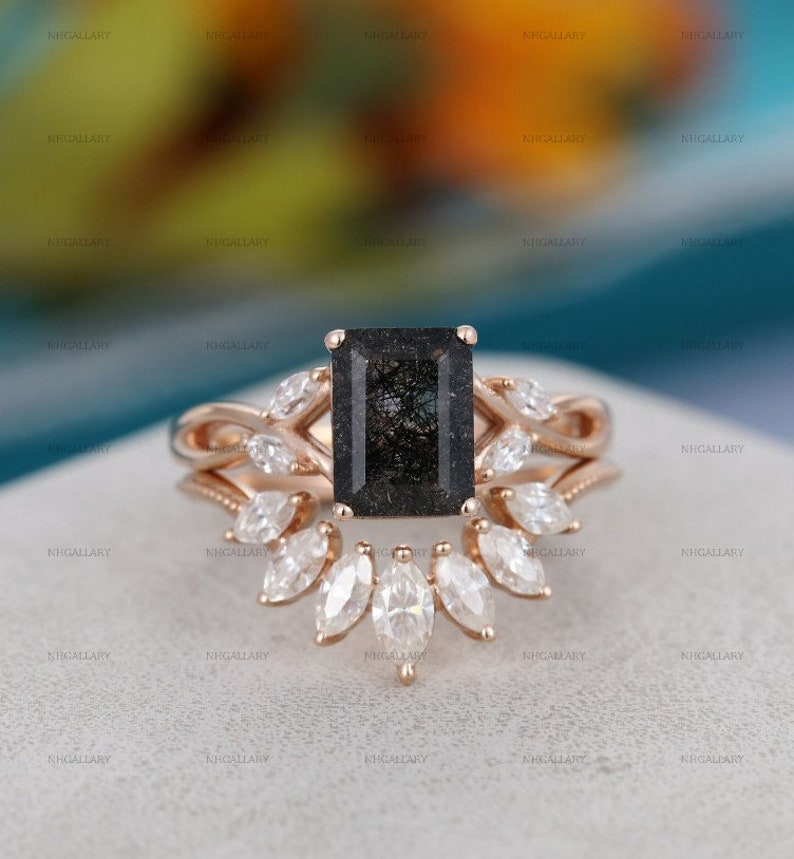Emerald cut Black Rdutilated engagement ring vintage CZ diamond Cluster Rose gold engagement Bridal anniversary gift for women.gift for her