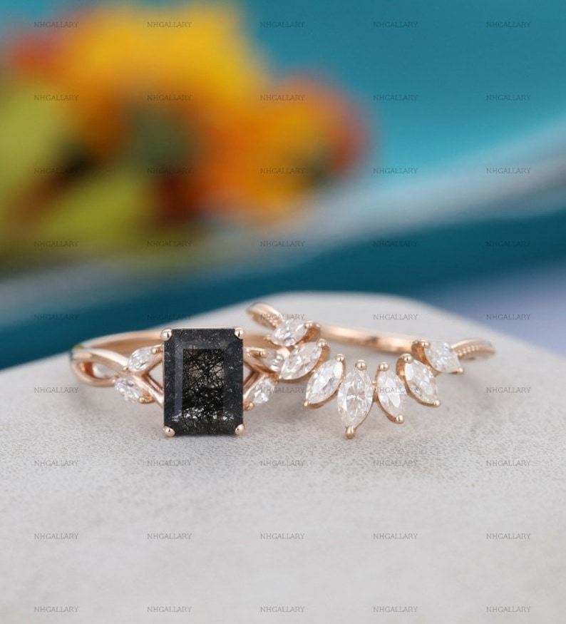 Emerald cut Black Rdutilated engagement ring vintage CZ diamond Cluster Rose gold engagement Bridal anniversary gift for women.gift for her