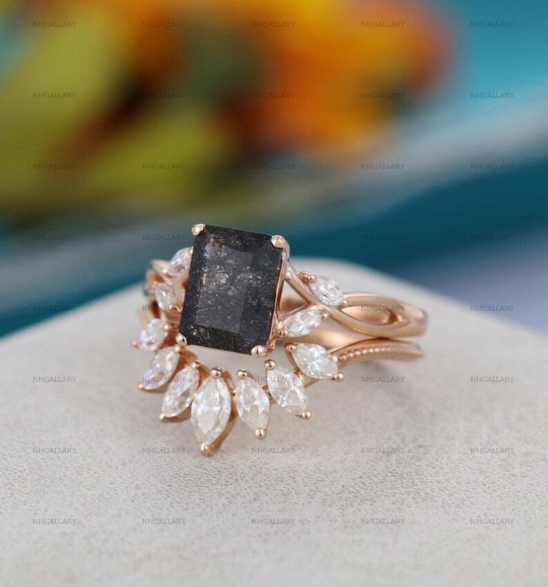 Emerald cut Black Rdutilated engagement ring vintage CZ diamond Cluster Rose gold engagement Bridal anniversary gift for women.gift for her