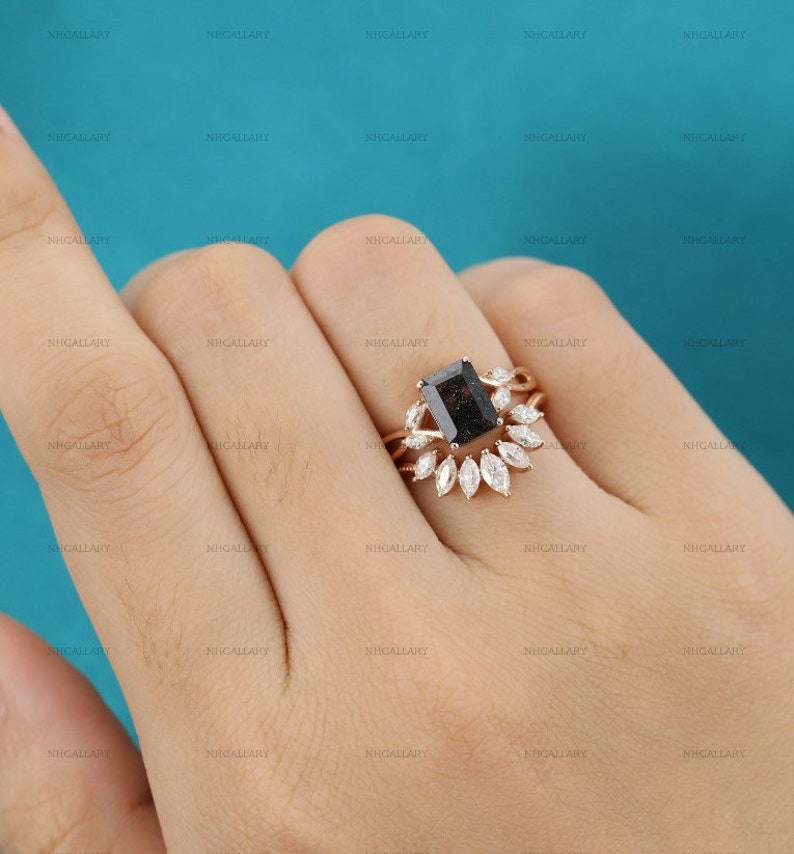 Emerald cut Black Rdutilated engagement ring vintage CZ diamond Cluster Rose gold engagement Bridal anniversary gift for women.gift for her