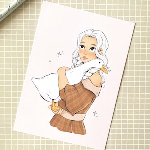 Goose Girl A6 Art Print, Recycled Uncoated Card, Sweet Goose Print, Office Decor, Gift, Stationery, Art Print, Girl Character, Studio Decor