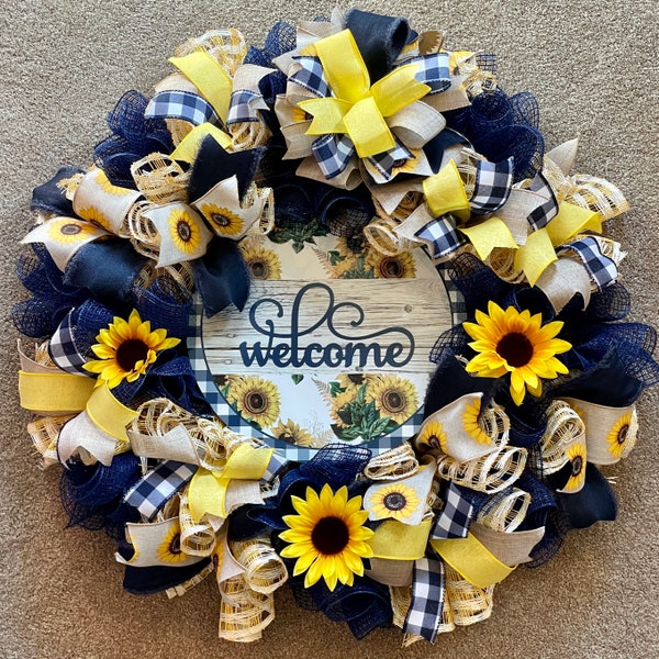 Sunflower Wreath/ Summer wreath/ Navy and yellow wreath/ Deco Mesh Wreath/ Door Decor/ Door Hanger/ Spring Wreath/ Wall Decor/Welcome Wreath