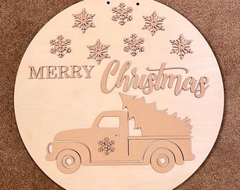DIY paint kit/ unfinished wood round DIY kit/ DIY door hanger/ Merry Christmas /diy sign/ Christmas truck/ paint party/  Christmas diy