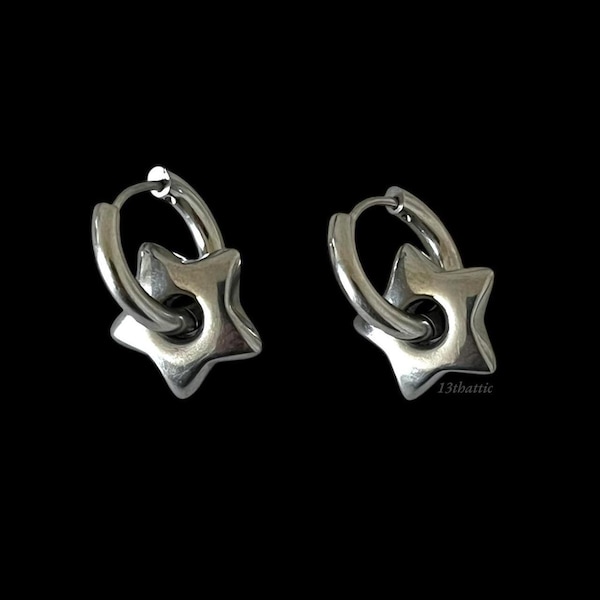 Star Hoops, Puffy Star Hoops, Star Bead, Star Charm Hoop, Hoop Earrings, Huggies Earrings, Grunge, Punk Jewelry,  Accessories, Streetwear