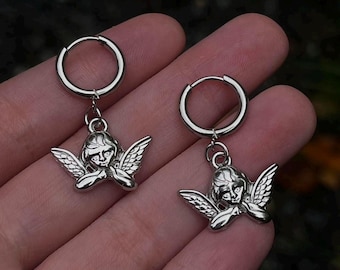 Huggie Hoop Earrings, Angel Hoop Earrings, Silver Cherub Earrings, Stainless Steel Hoop Earrings, Gift Jewelry, Unisex Accessories, Huggies