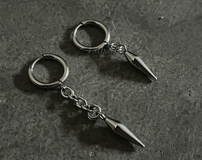 Spike Hoops, Spike Dangle Chain Earrings, Dangle Spike Earrings, Punk, Grunge, Edgy Jewelry, Streetwear Jewelry, Gothic, Silver Earrings,Y2K