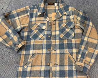 80s Era Eddie Bauer Wool Hunting Jacket Blue Plaid Size Medium Mint Condition