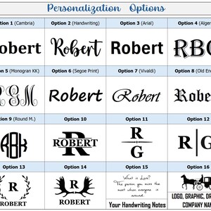 Puede incluir: Un gr&aacute;fico que muestra 16 opciones de fuente diferentes para la personalizaci&oacute;n. Las opciones incluyen varios estilos, como serif, sans-serif, cursiva y monograma. El gr&aacute;fico tambi&eacute;n incluye una opci&oacute;n de logotipo, gr&aacute;fico, dibujo y nombre de la empresa.