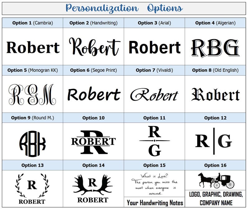 Puede incluir: Un gr&aacute;fico que muestra 16 opciones de fuente diferentes para la personalizaci&oacute;n. Las opciones incluyen varios estilos, como serif, sans-serif, cursiva y monograma. El gr&aacute;fico tambi&eacute;n incluye una opci&oacute;n de logotipo, gr&aacute;fico, dibujo y nombre de la empresa.