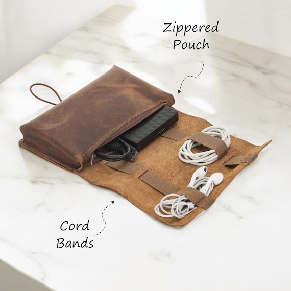 Custom Cable Organizer Bag, Leather Cord Organizer, Travel Cord Organizer, Cable Keeper, Gift for Her Mom Dad, Travel Wallet, Tech Organizer
