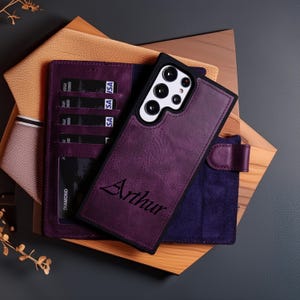 Coque pour téléphone Samsung en cuir personnalisée violette, Galaxy S25, S24, S23, S22 Ultra, S22, S21, S20, S10, S9, Note 20, 10, 9 fait main