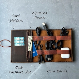 Custom Cable Organizer Bag, Leather Cord Organizer, Travel Cord Organizer, Cable Keeper, Gift for Her Mom Dad, Travel Wallet, Tech Organizer