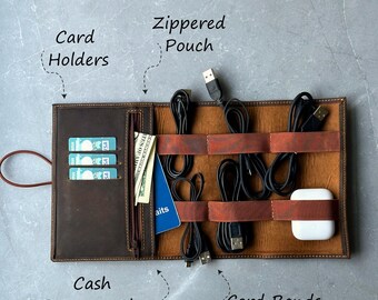 May include: A brown leather travel organizer with multiple compartments for cords, cards, and cash. It has a zippered pouch, card holders, cord bands, and a cash/passport slot.