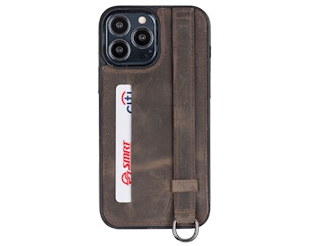 Funda de cuero personalizada para iPhone de Apple iPhone 16, 16, 15, 14, 13, 12, SE, funda con tarjetero y soporte antideslizante.