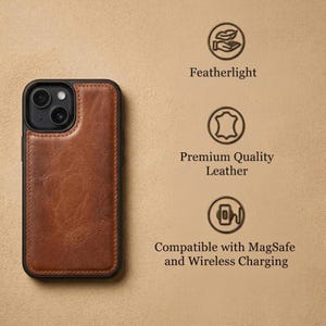 May include: A brown leather phone case with a black border. The case has a card slot and is compatible with MagSafe and wireless charging. The text on the image says "Featherlight" and "Premium Quality Leather".