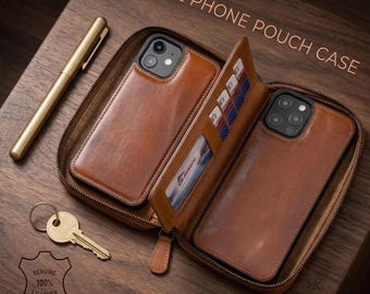 Custom Leather Double Phone Case, Handmade Dual Phone Case, 2 Phone Case, Work and Personal Phone Case, iPhone 17, 16, 15, 14, 13, SE