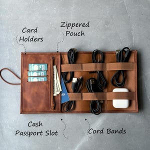 Puede incluir: Un organizador de viaje de cuero marrón con múltiples compartimentos para cables, tarjetas y efectivo. Tiene una bolsa con cremallera, porta tarjetas, bandas para cables y una ranura para efectivo/pasaporte.