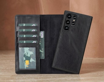 Individuell gestaltbare, abnehmbare Leder-Handyhülle für Galaxy S26, S25, S24, S23, S22 Ultra, S22, S21, S20, S10, S9, Note 20, handgefertigte Brieftaschenhülle