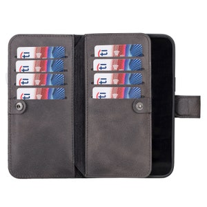 Funda tipo cartera negra personalizada para iPhone, hecha a mano, compatible con Apple iPhone 16, 15, 14, 13, 12, 11, X, XS Max, XR, 8 y 7.