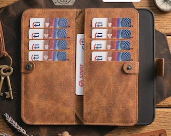 Funda tipo cartera plegable doble para iPhone, hecha a mano, compatible con iPhone 17, 16, 15, 14, 13, 12 y SE. Fabricada en EE. UU.