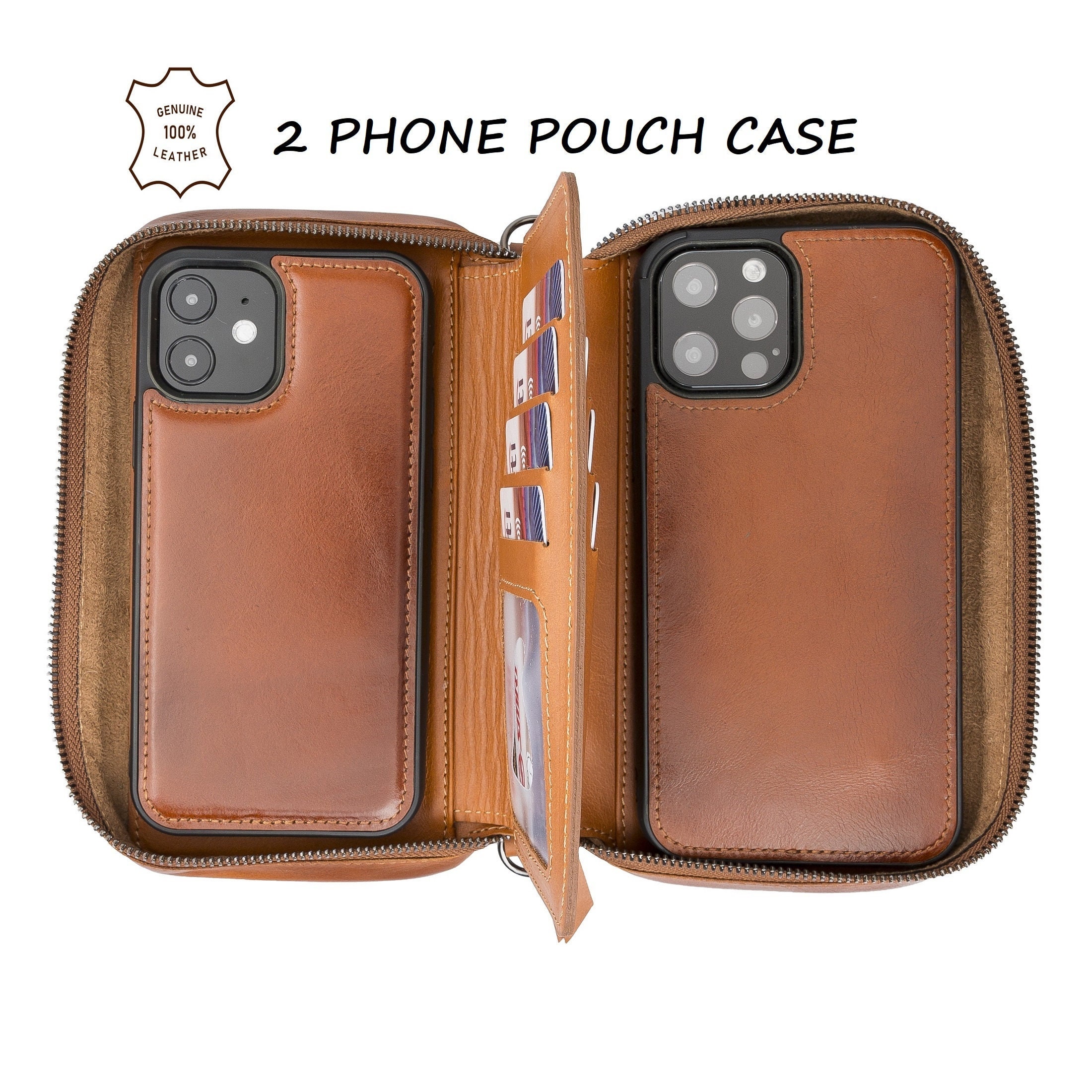 Leather Dual Phone Case, Leather Double iPhone Case, Case Holds Two Phones,  2 Iphone, 2 Samsung Phone Case, Crossbody Double Decker