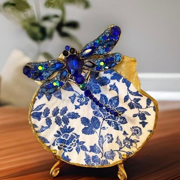 Jeweled dragonfly brooch with chinoiserie blue and white print scallop sea shell trinket dish, decoupage ring dish, shell gifts for her