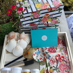 DIY Decoupage scallop shell kit, craft a trinket dish, how to make a trinket / ring dish, handmade Mother’s Day box gift