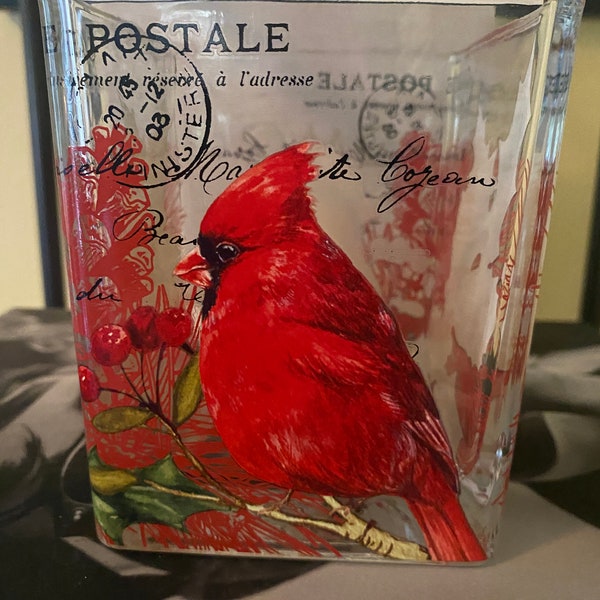 Red Cardinal glass vase, pretty bird decor, gifts for her, decoupage glass vase