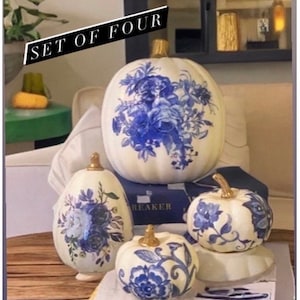 chinoiserie print pumpkin set, blue and white pumpkin decoupaged decor, farmhouse chic, thanksgiving table accents, year round outdoor