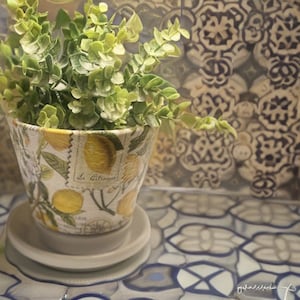 Planter pot, Decoupage lemon print flower pot, home decor, plan pot, gardening home decor, hand made lemon print planter pot, unique gift