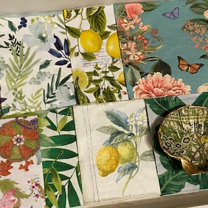 May include: A set of eight decorative paper napkins with floral and botanical designs. The napkins feature a variety of flowers, leaves, and fruits, including lemons, butterflies, and peonies. The napkins are arranged in a tray with a small decorative shell.