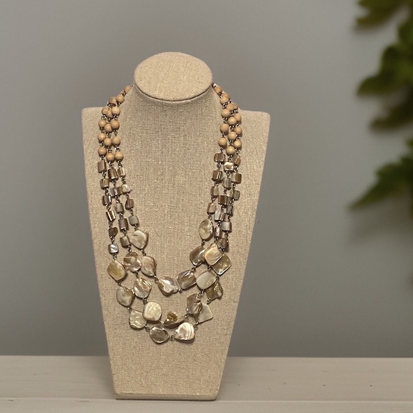 Neutral shell and wooden beaded chunky necklace, beach inspired jewelry, lightweight three strands with silver clasp