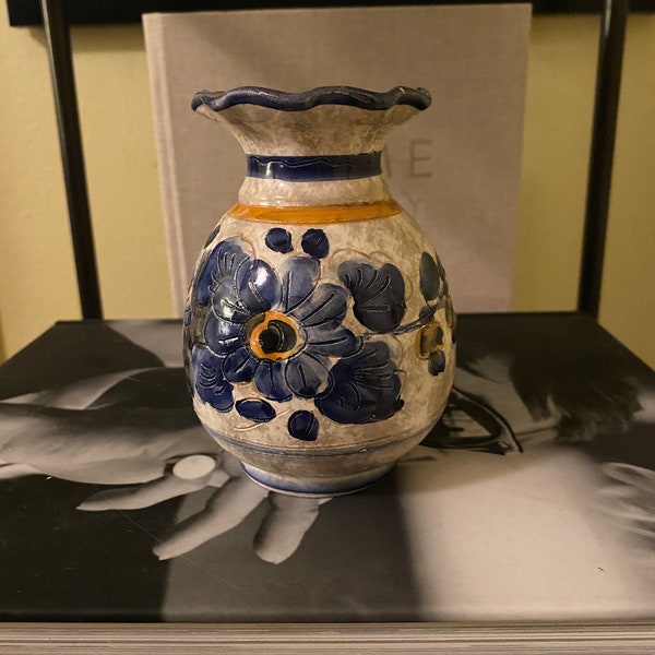 Hand painted vintage vase, blue and yellow  floral print ceramic vase, pretty gifts for her