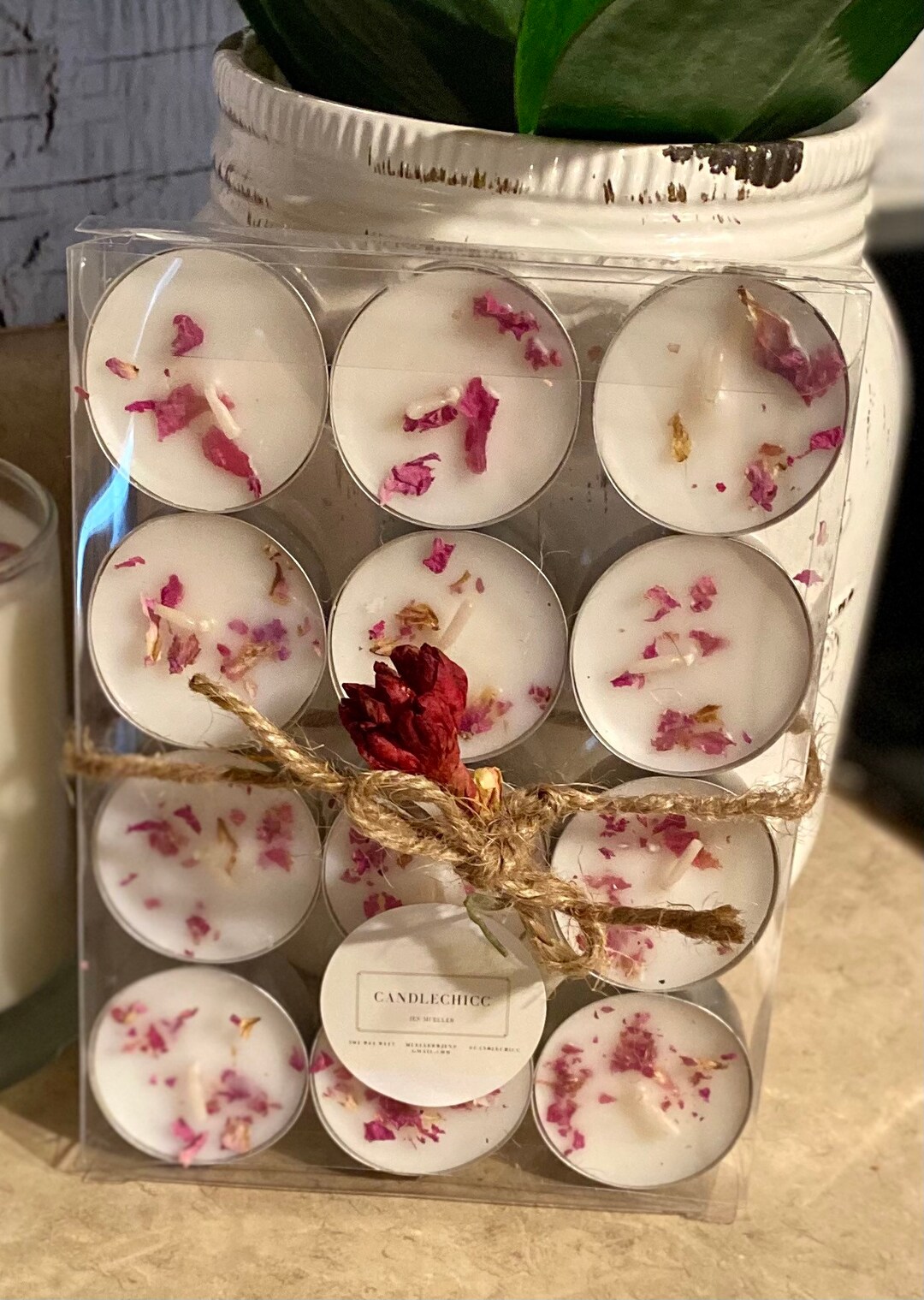 Rose Tea Light Candles, Crystal Tea Lights With Dried Flowers & Herbs