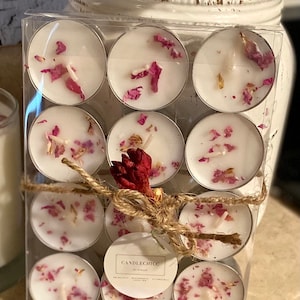 Velas de luz de té rosa, luces de té de cristal con flores y hierbas secas, vela de manifestación, luces de té botánicas, regalos para ella
