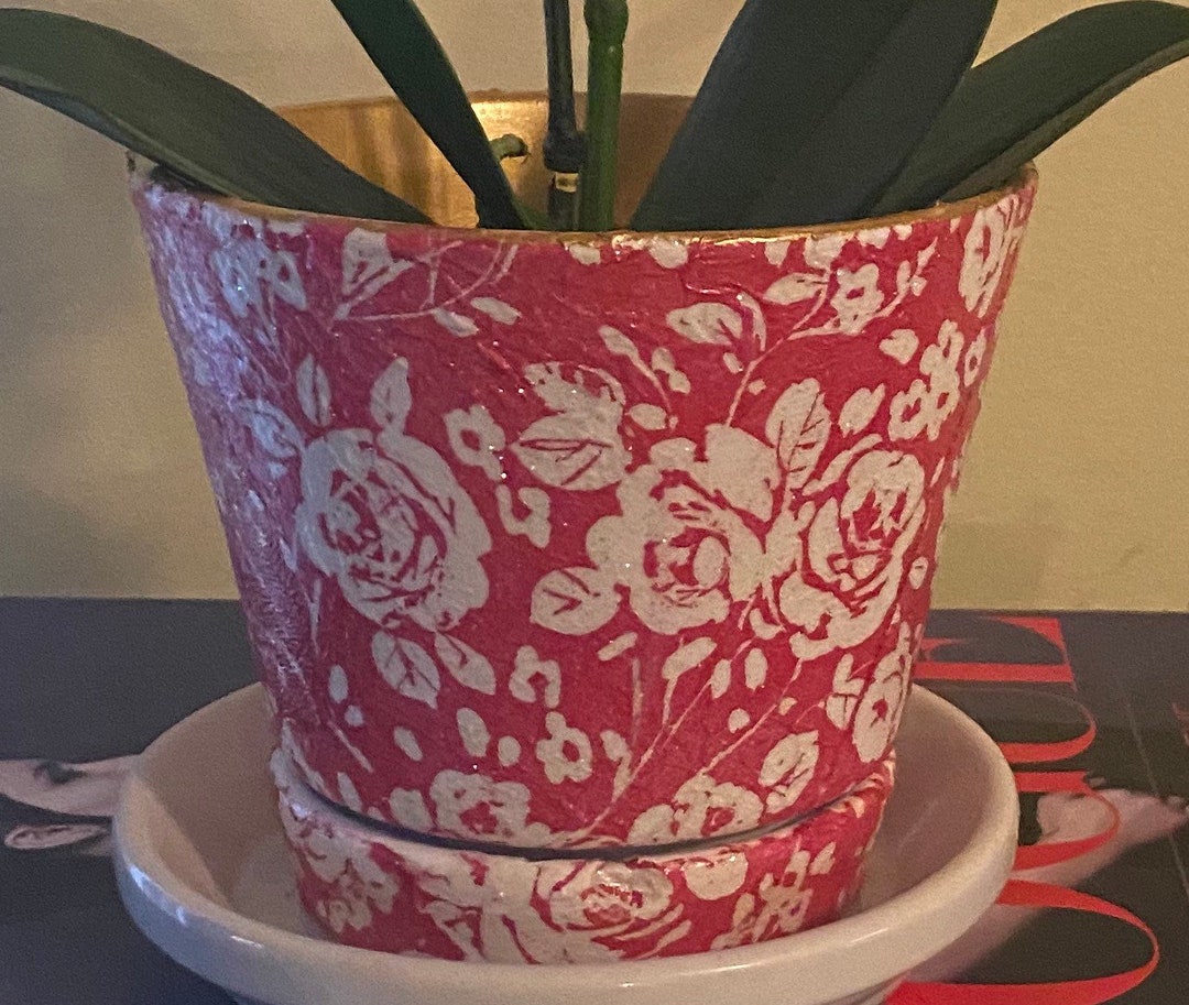 Decoupage Flower Pot Red Floral Print Planter Pot Handmade Etsy