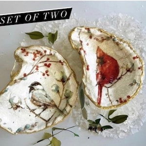 Oyster shell ring dishes, decoupage trinket dishes, pair of oyster shells, wedding favors, bridesmaid gift, gifts for her, Mother’s Day gift