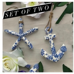 Blue and white anchor and starfish door tassels inspired by the beach, decoupaged wall art,coastal home accents, unique gift